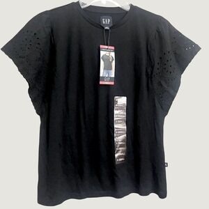 Gap Eyelet Sleeve Top Womens XS True Black Embroidered Flutter Sleeve New NWT